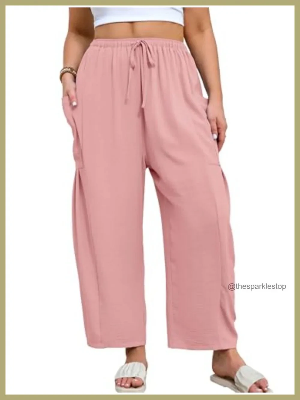 Plus Size Wide Leg Drawstring Pants with Pockets - Ankle Length Palazzo Trousers